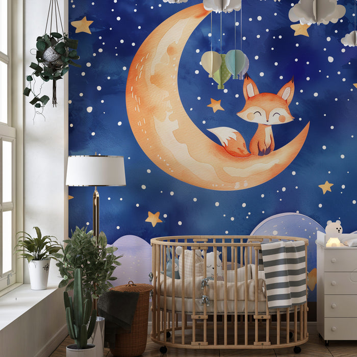 Nursery room wallpaper | Fox on the moon, starry sky and enchanted clouds