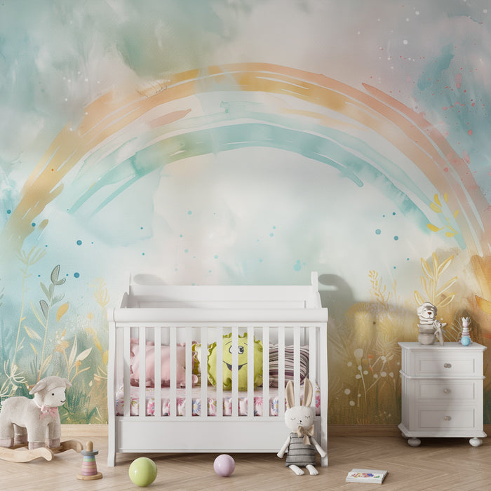 Papel pintado infantil | Arco iris acuarela y pradera encantada