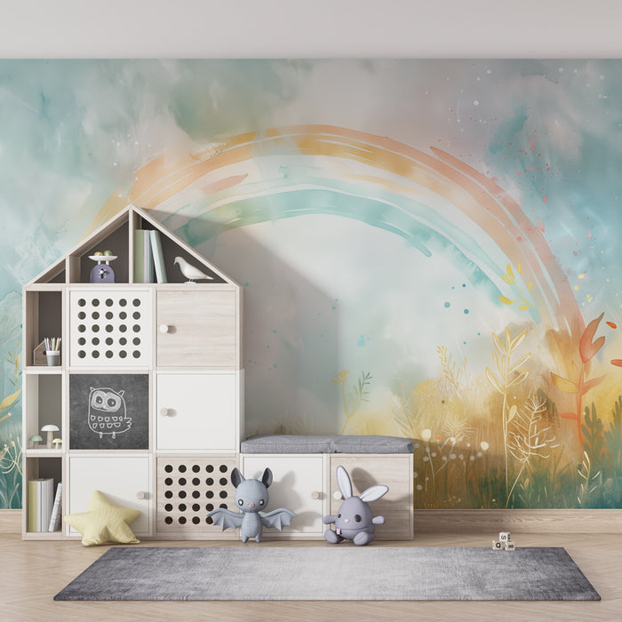 Papel pintado infantil | Arco iris acuarela y pradera encantada