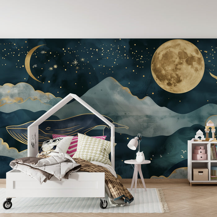 Carta da parati bambini | Balena dorata sotto la luna, viaggio celeste e marino