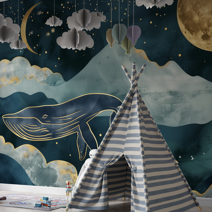Carta da parati bambini | Balena dorata sotto la luna, viaggio celeste e marino