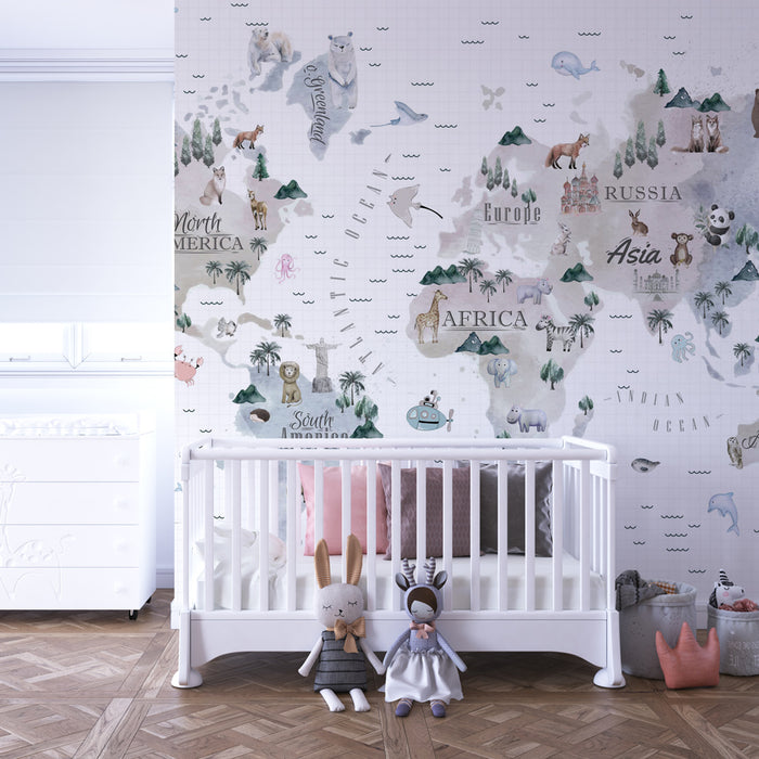 Papel pintado infantil | Mapa del mundo acuarela con animales y paisajes ilustrados