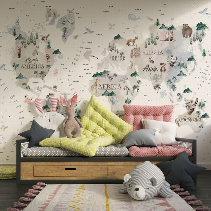 Papel pintado infantil | Mapa del mundo acuarela con animales y paisajes ilustrados