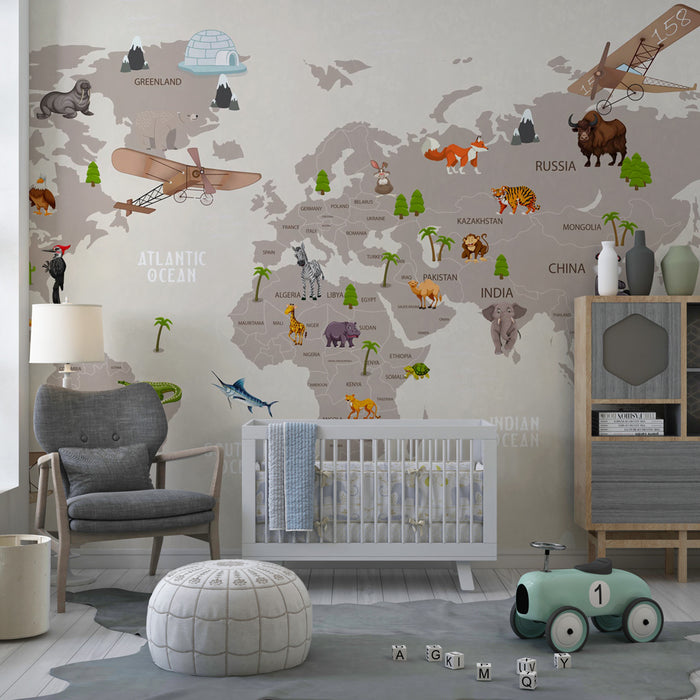 Kids room wallpaper | World map with animals and natural landscapes