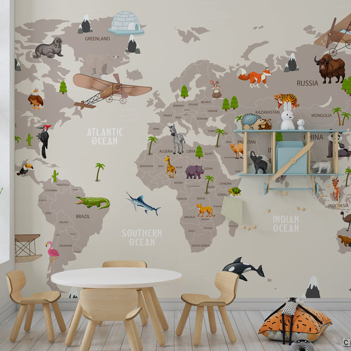 Kids room wallpaper | World map with animals and natural landscapes