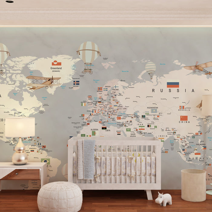 Papel de parede criança | Mapa do mundo com bandeiras, balões de ar quente e aviões vintage