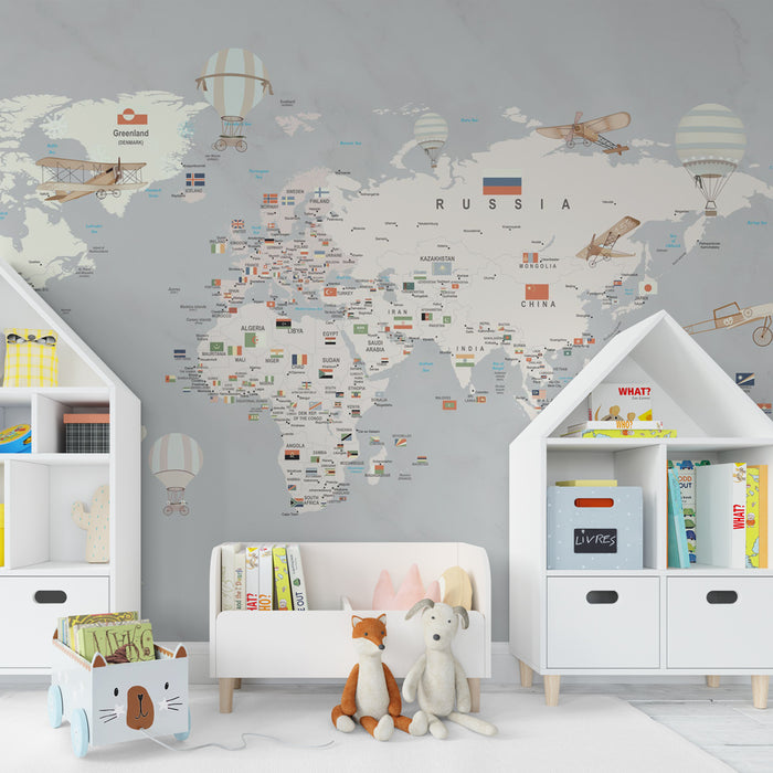 Papel de parede criança | Mapa do mundo com bandeiras, balões de ar quente e aviões vintage