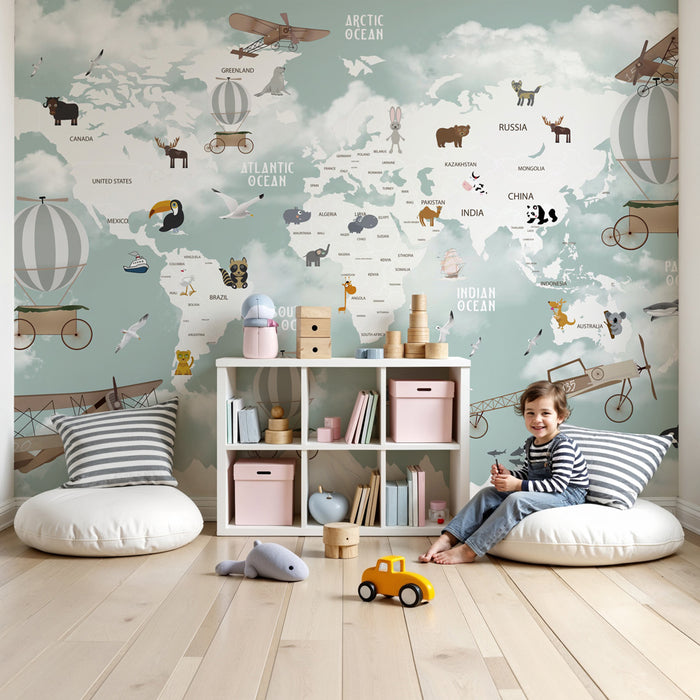 Kids room wallpaper | Aerial world map with animals, hot air balloons, and vintage planes