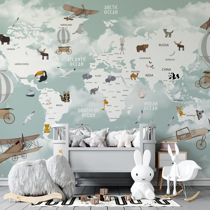 Kids room wallpaper | Aerial world map with animals, hot air balloons, and vintage planes
