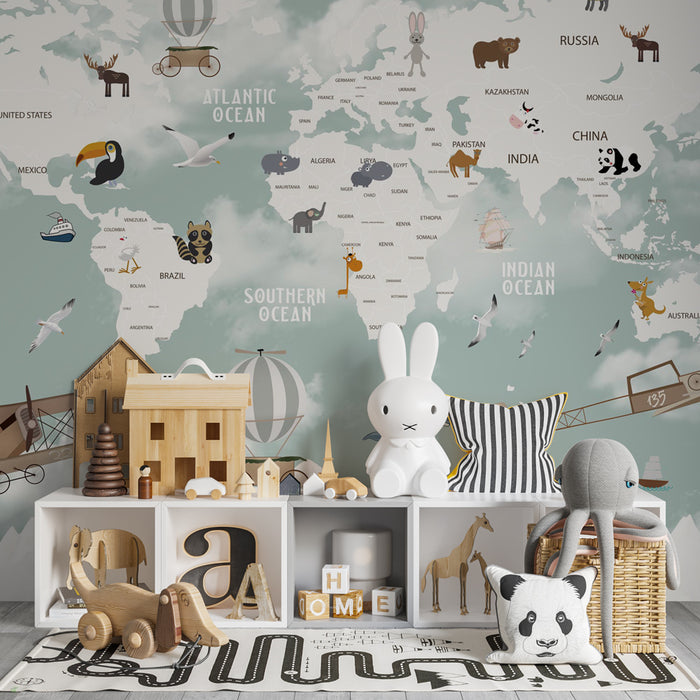 Kids room wallpaper | Aerial world map with animals, hot air balloons, and vintage planes