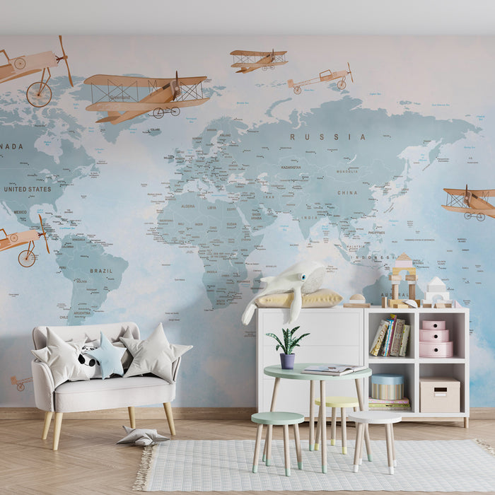 Papel pintado infantil | Mapa del mundo azul con aviones retro y ambiente vintage