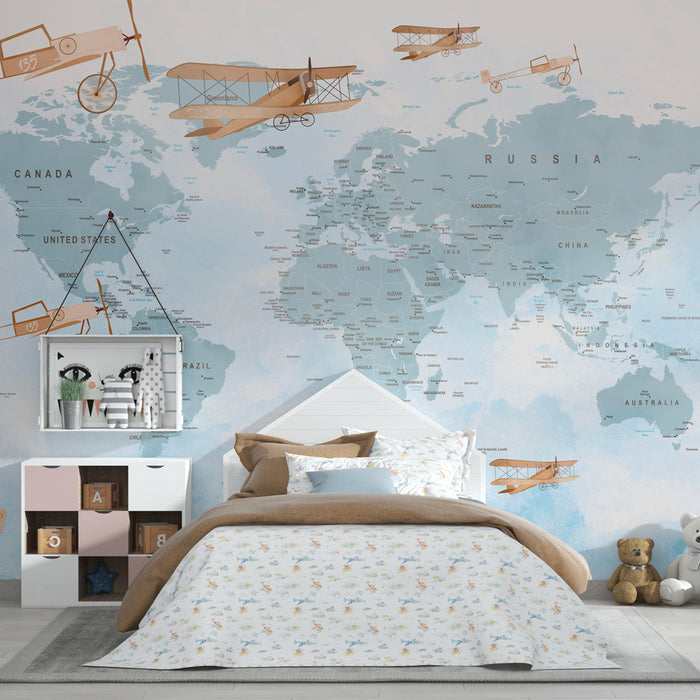 Papel pintado infantil | Mapa del mundo azul con aviones retro y ambiente vintage