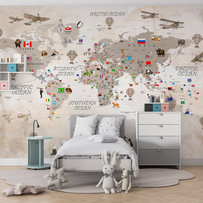 Papel pintado infantil | Mapa del mundo vintage con banderas, animales y globos aerostáticos