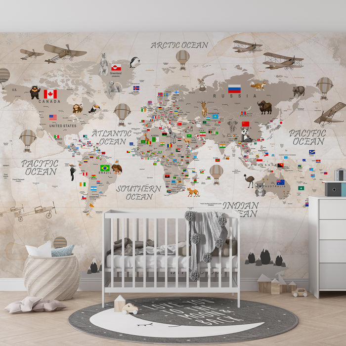 Papel pintado infantil | Mapa del mundo vintage con banderas, animales y globos aerostáticos