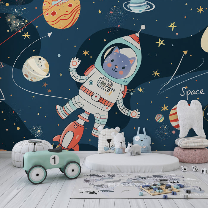 Tapety dla dzieci | Kot astronauta i rakieta w gwiaździstej przestrzeni