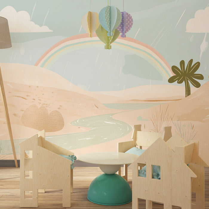 Papel pintado infantil | Desierto mágico con arcoíris y lluvia suave
