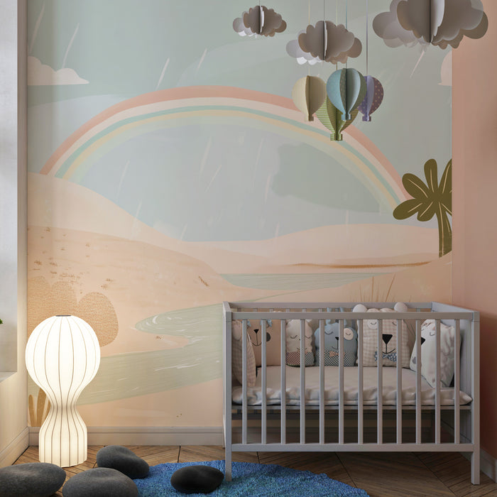 Papel pintado infantil | Desierto mágico con arcoíris y lluvia suave