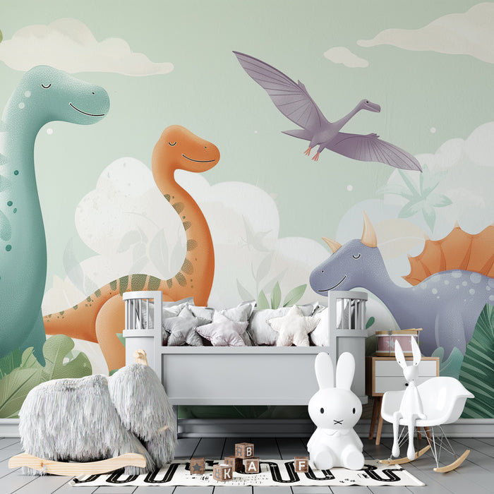 Tapety dla dzieci | Kolorowe dinozaury i bujna roślinność w spokojnym prehistorycznym świecie