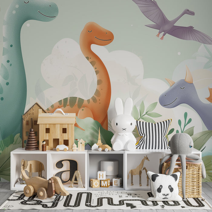 Tapety dla dzieci | Kolorowe dinozaury i bujna roślinność w spokojnym prehistorycznym świecie