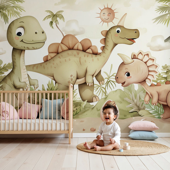 Gyerek szoba tapéta | Aranyos dinoszauruszok és ősláp