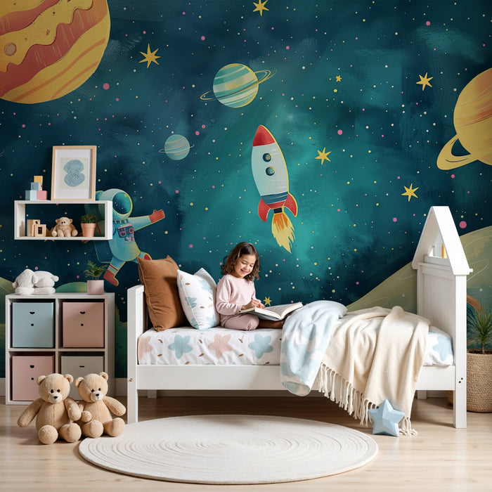 Kinderzimmer Tapete | Weltraumerkundung mit Raketen und bunten Planeten