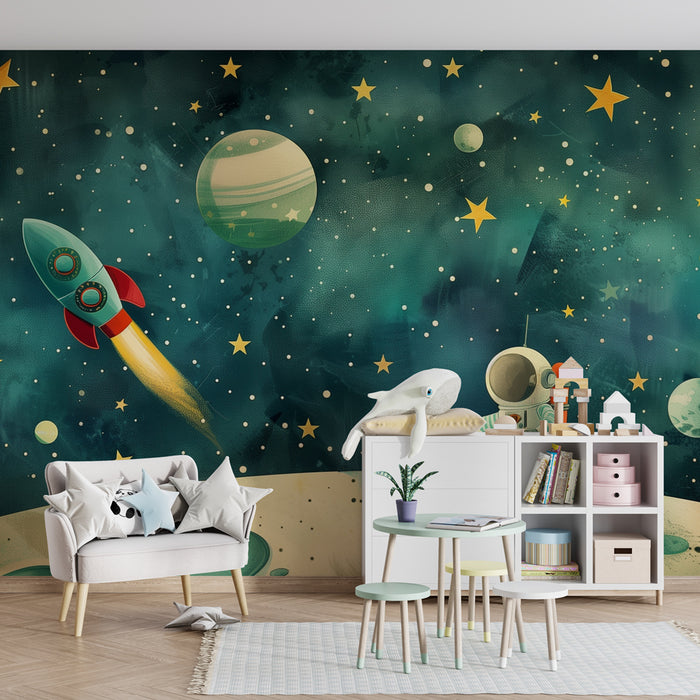 Lastenhuoneen tapetti | Avaruustutkimus astronautin ja retro-raketin kanssa