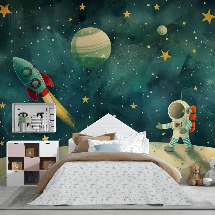 Lastenhuoneen tapetti | Avaruustutkimus astronautin ja retro-raketin kanssa