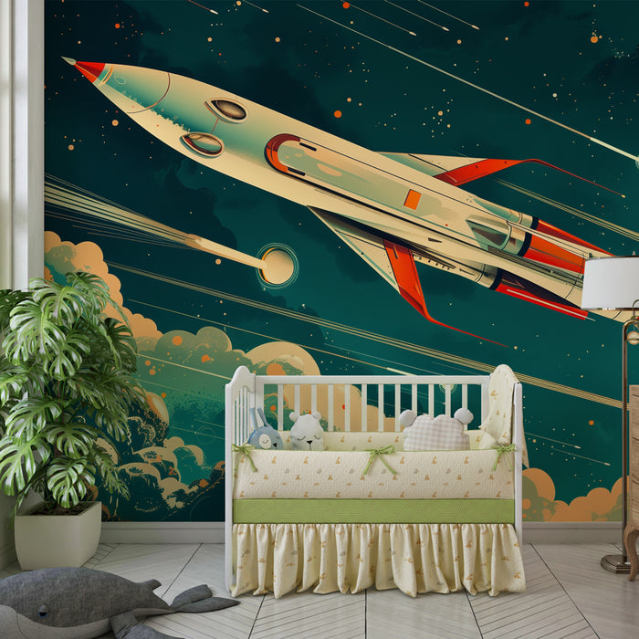 Papel pintado infantil | Cohete futurista atravesando un cielo estrellado hacia la luna