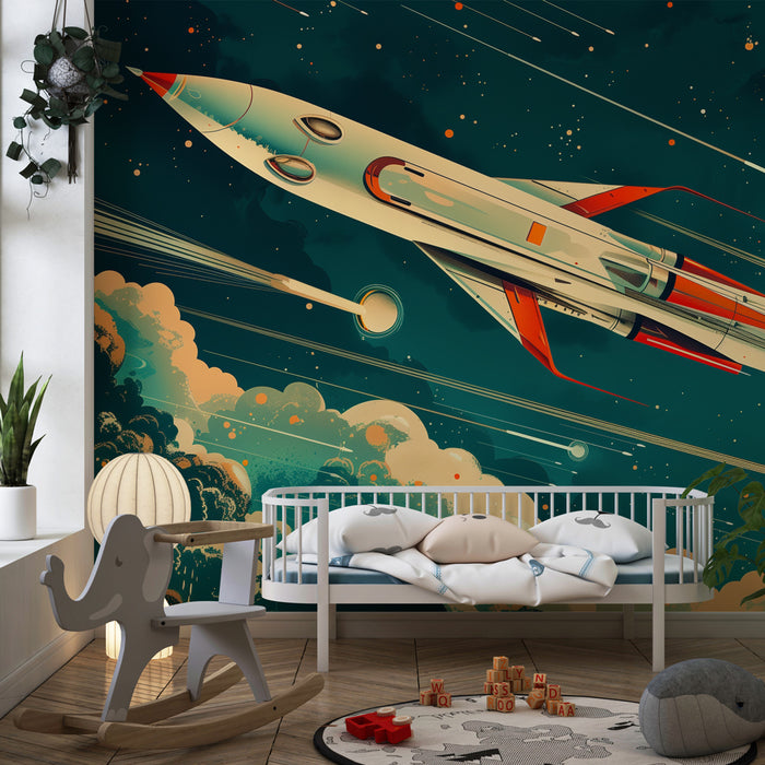 Papel pintado infantil | Cohete futurista atravesando un cielo estrellado hacia la luna
