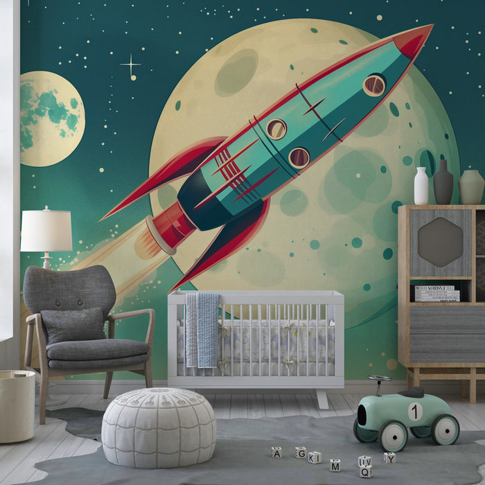 Papel pintado infantil | Cohete retro despegando hacia la luna estrellada