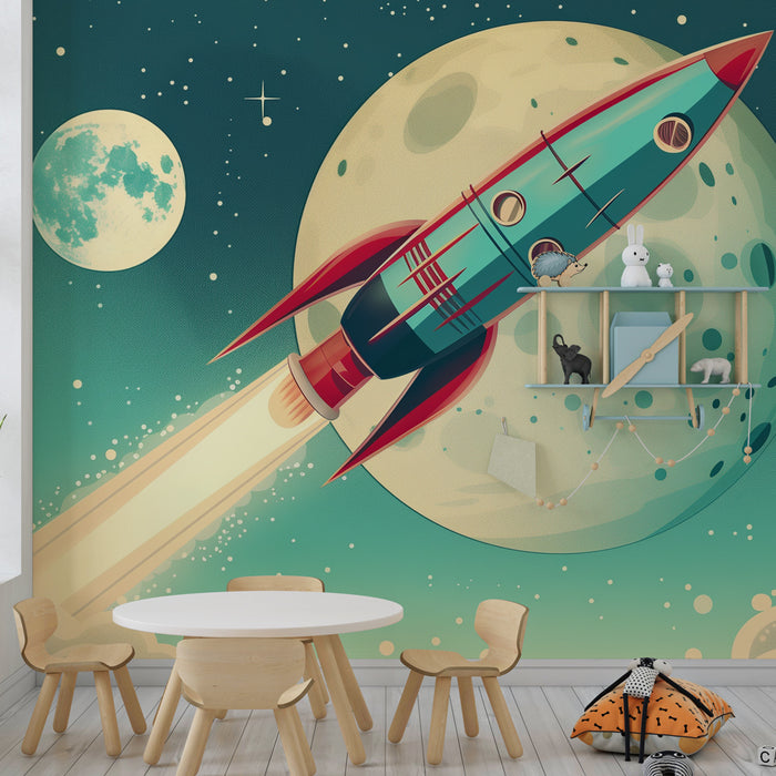 Papel pintado infantil | Cohete retro despegando hacia la luna estrellada
