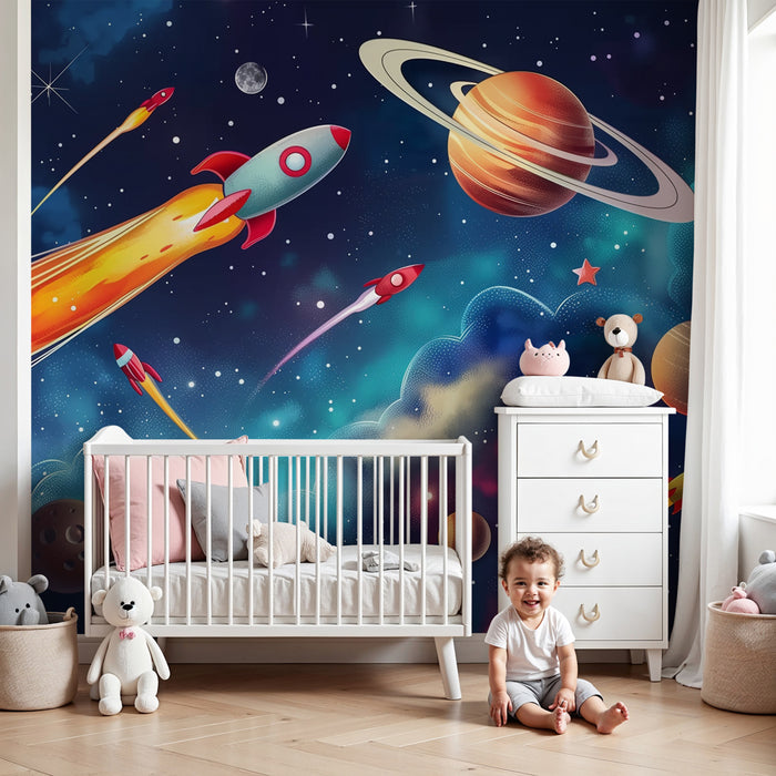 Kinderzimmer Tapete | Raketen und Planeten in einer bunten Galaxie