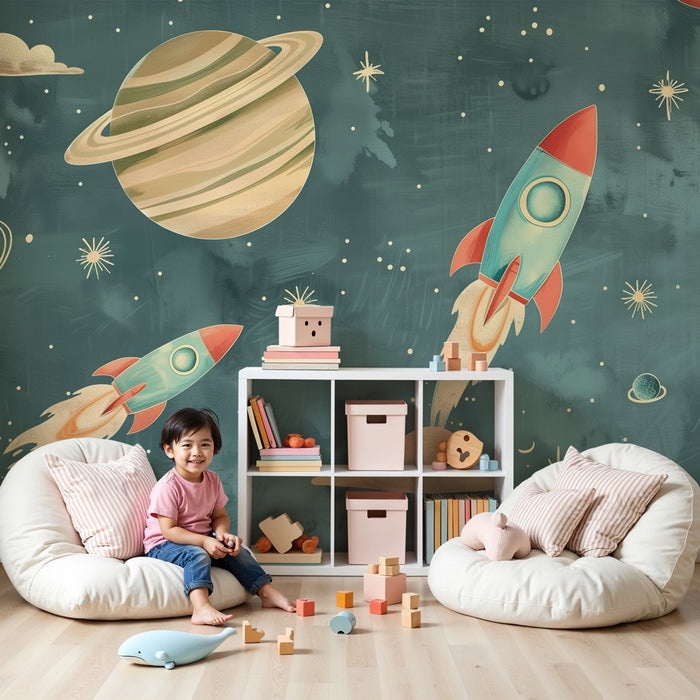 Kinderzimmer Tapete | Retro-Raketen und Planeten in einem Sternenhimmel