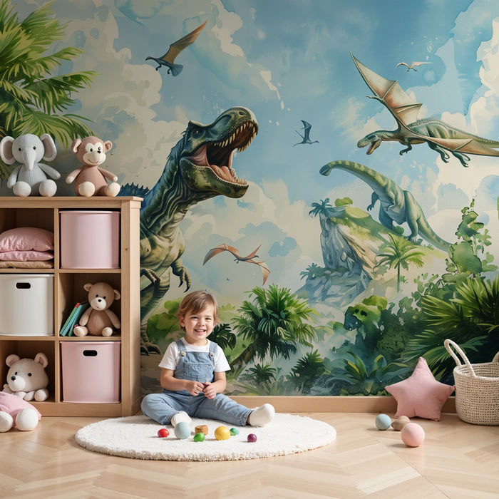 Tapeta dječje sobe | Svijet dinosaura s T-Rexom i pterodaktilima
