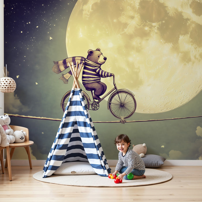Kinderzimmer Tapete | Träumender Bär auf einer Schnur, magischer Mondschein