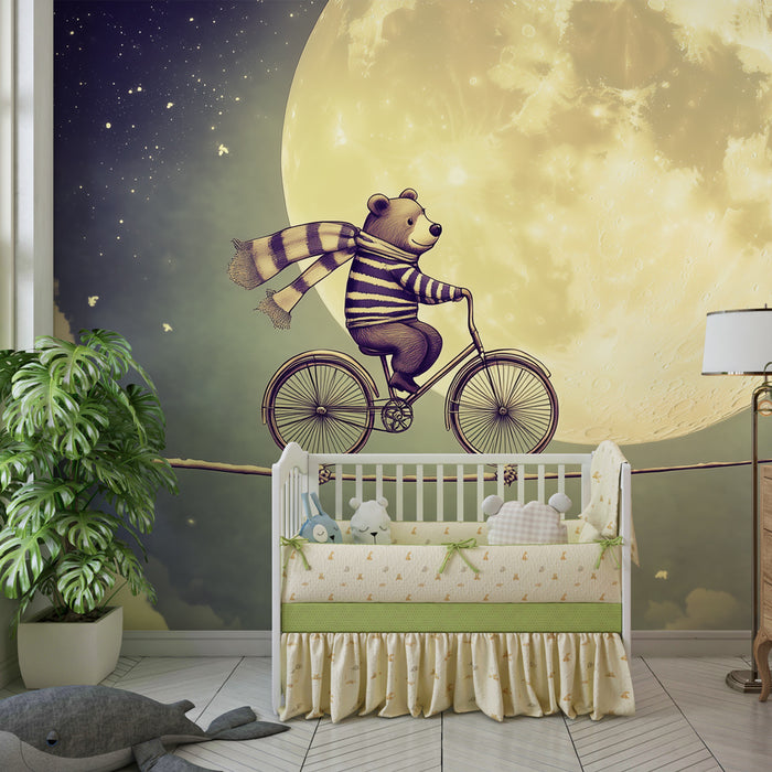 Carta da parati bambini | Orsetto sognatore su un filo, bagliore di luna magica