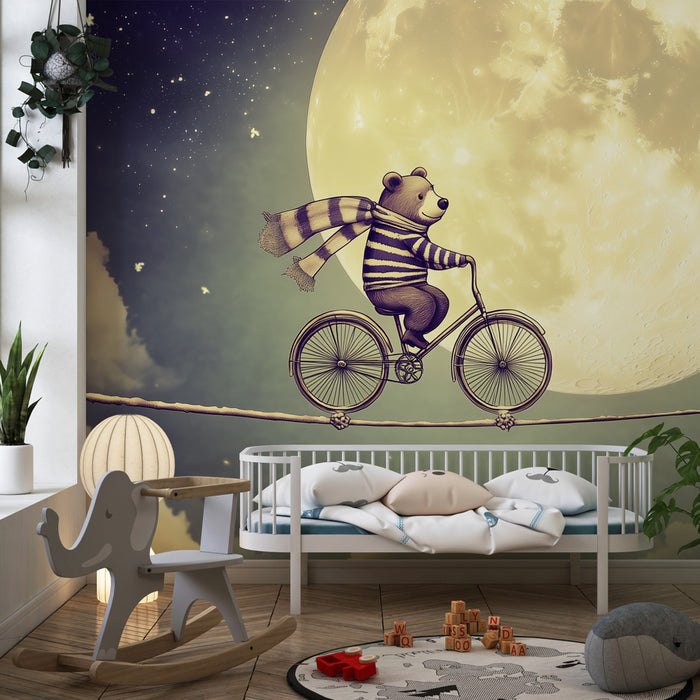 Carta da parati bambini | Orsetto sognatore su un filo, bagliore di luna magica