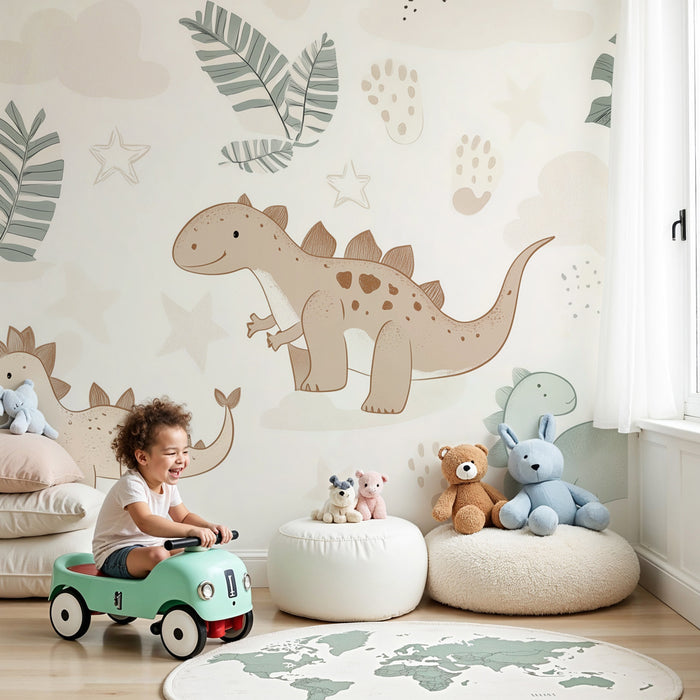 Papel pintado infantil | Pequeños dinosaurios lindos en un universo pastel y vegetal