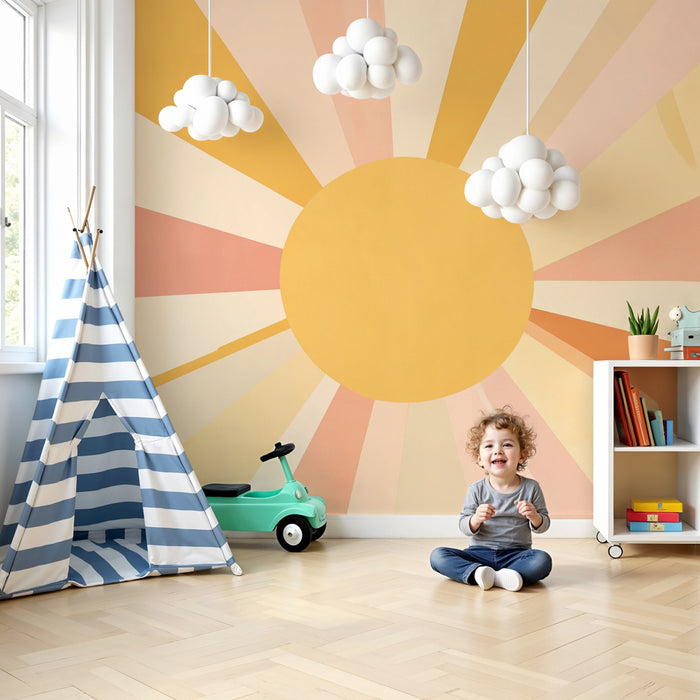 Carta da parati bambini | Sole vintage in tonalità delicate, atmosfera calda e retrò