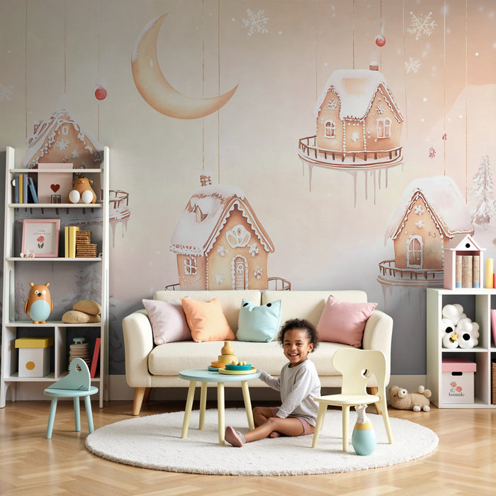 Kids room wallpaper | Suspendovaná vesnice z perníkového chleba, kouzelná zimní kouzla
