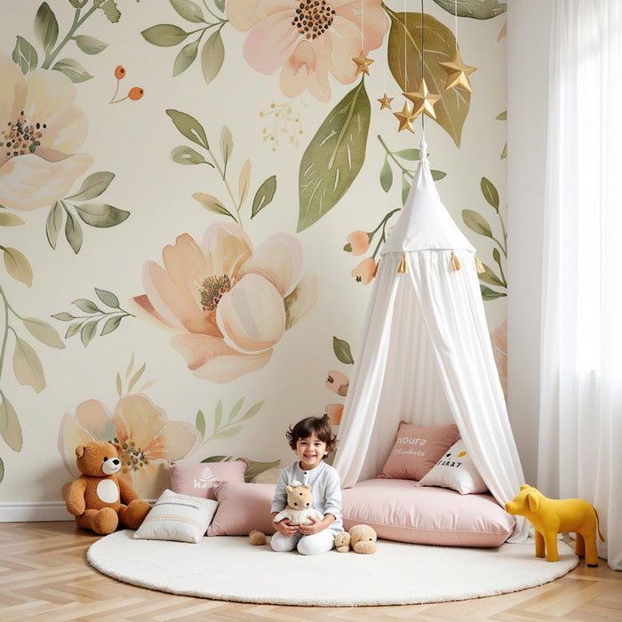 Nursery room wallpaper | Gyengéd pasztell virágok és finom levelek
