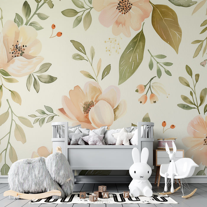 Barntapet | Mjuk pastellblomma och delikat lövverk
