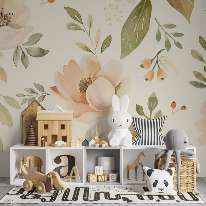 Barntapet | Mjuk pastellblomma och delikat lövverk