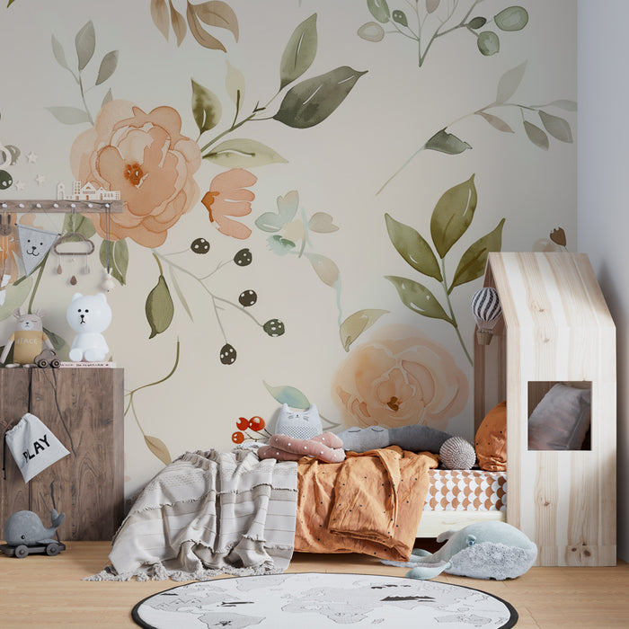 Tapet barnerom | Pastell akvarellblomster og grønt løvverk