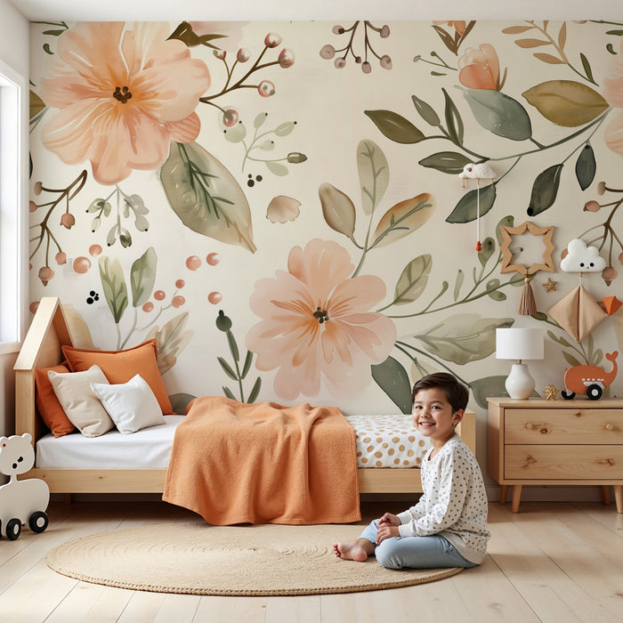 Kinderzimmer Tapete | Zarte Blumen und pastellfarbenes Laub