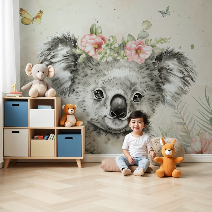Tapéta gyerekszobába | Boldog koala és pasztell virágok