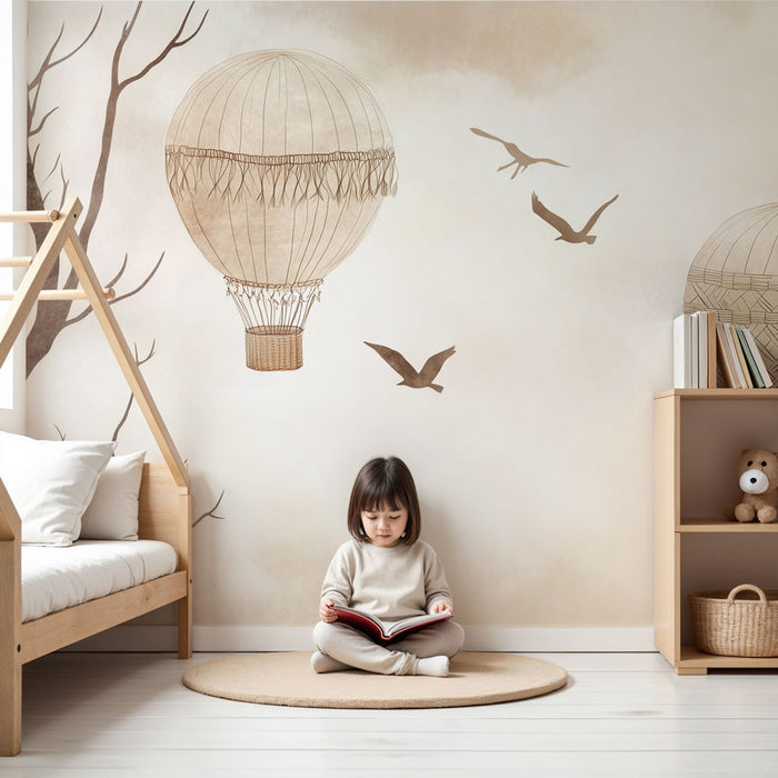 Papier peint chambre bébé | Montgolfières vintage et oiseaux en vol poétique