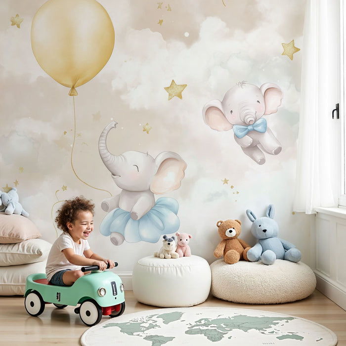 Nursery room wallpaper | Álmodozó elefántok és arany lufik a csillagos égbolton