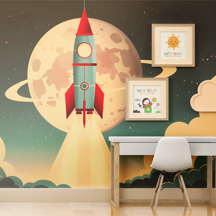 Papel pintado infantil | Aventura espacial retro con cohete y planetas