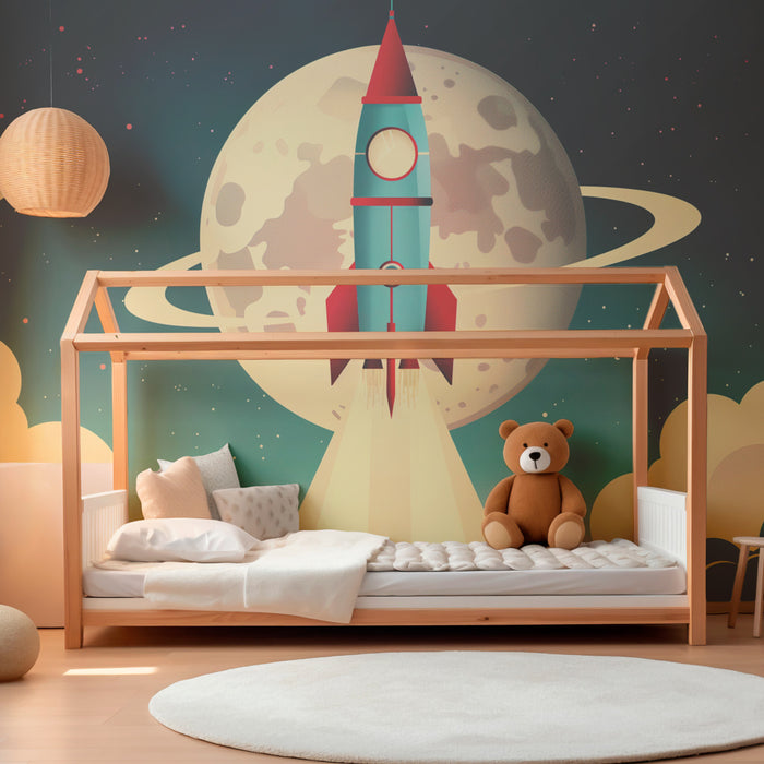Papel pintado infantil | Aventura espacial retro con cohete y planetas